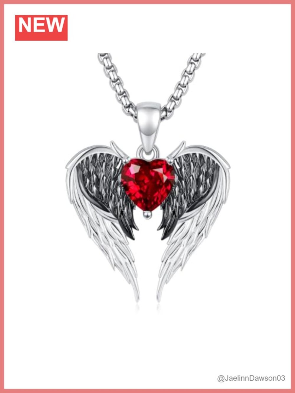 Gothic Angel Devil Wing Red Heart Pendant Necklace 18K White Gold Plated